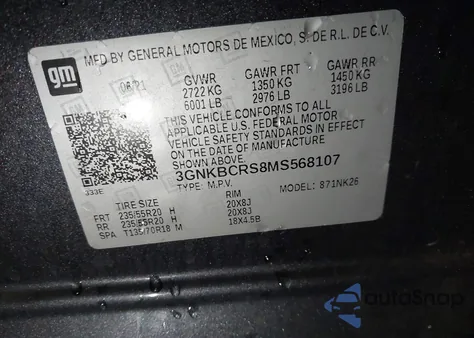 2021 Chevrolet Blazer Fwd 2Lt из США, поврежденный, VIN 3GNKBCRS8MS568107